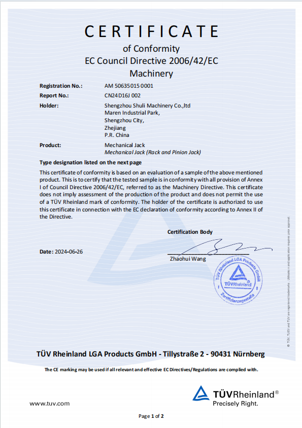 TUV  CE Certificate-Mechanical Jack